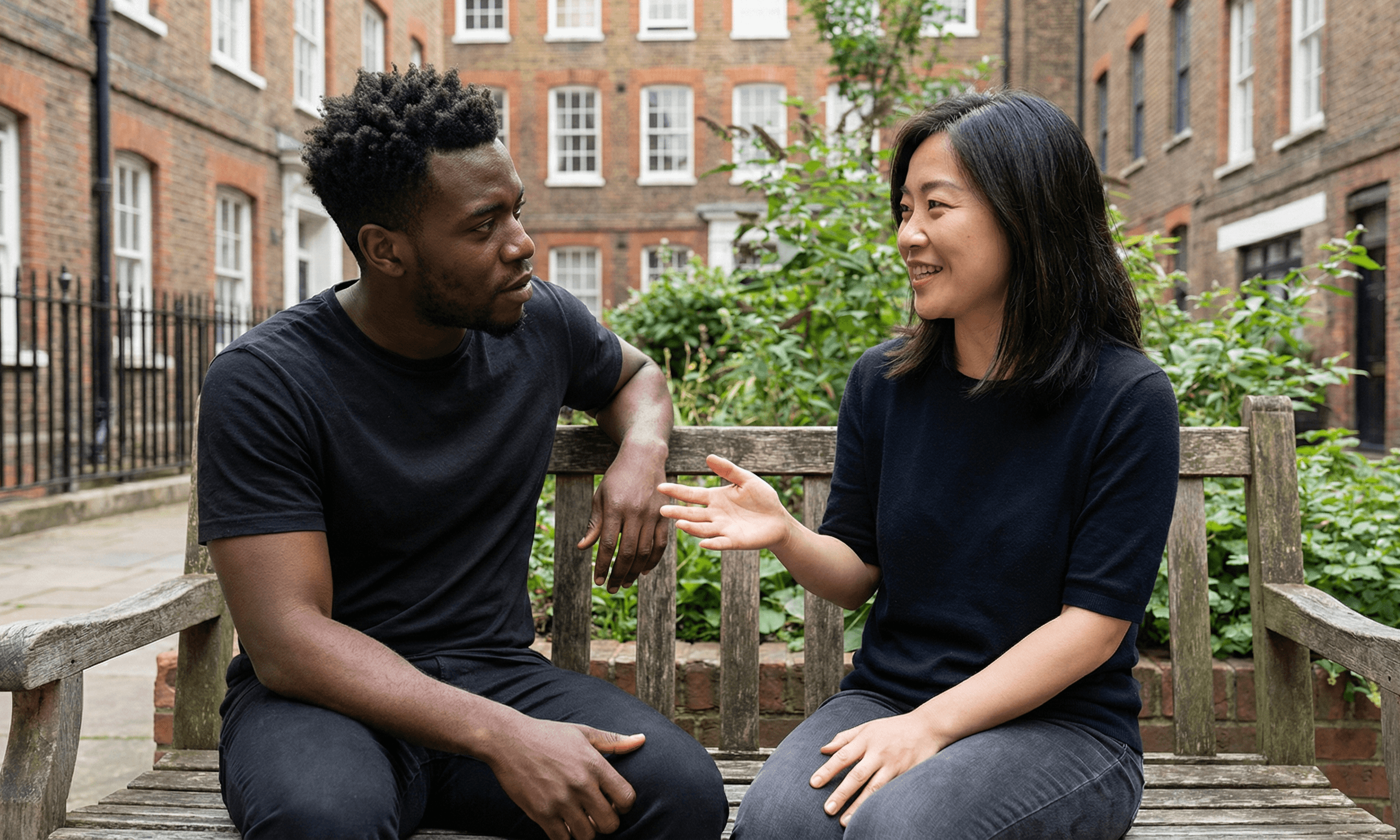 Two people engaged in meaningful conversation on a park bench